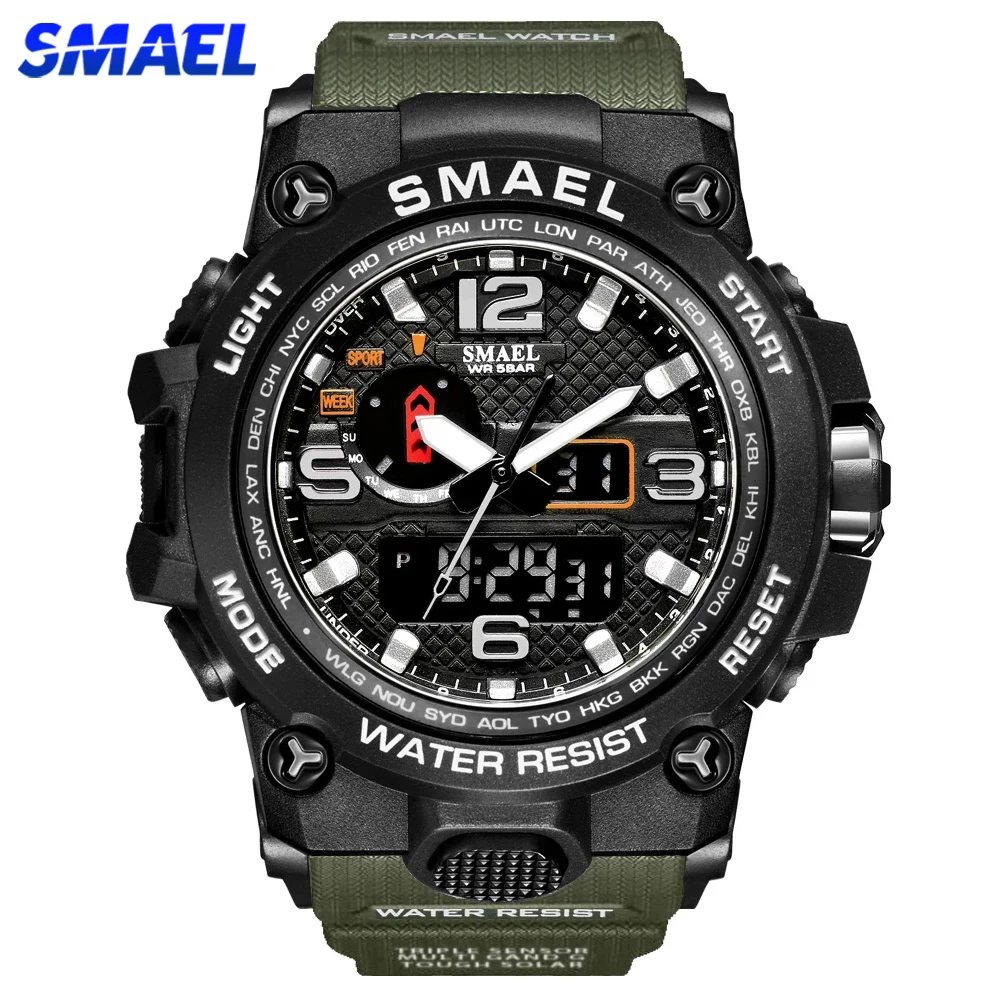 Часы SMAEL мужские спортивные армейские для плавания с двойным дисплеем аналоговые