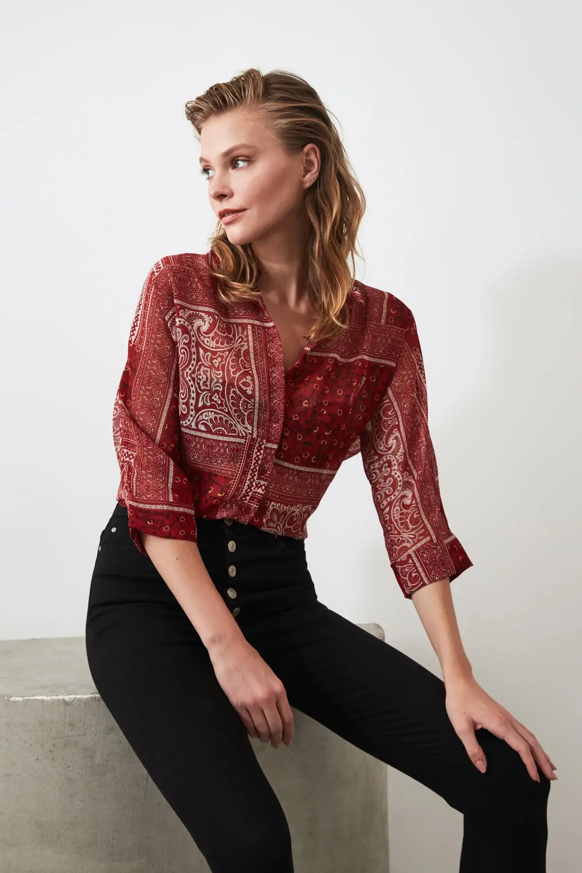 Women Burgundy Ethnic Patterned Draped Shirt 
Women Burgundy Ethnic Patterned Draped Shirt
