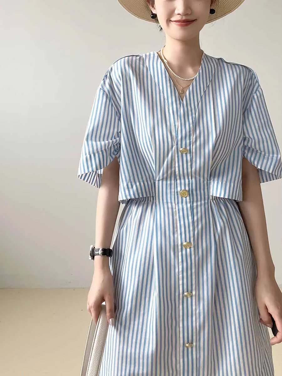 Vintage Navy Blue Style Short Sleeve Striped Shirt Dress with Pockets Women 2023 Summer New In V-Neck Above Knee Cotton Dress
Vintage Navy Blue Style Short Sleeve Striped Shirt Dress with Pockets Women 2023 Summer New In V-Neck Above Knee Cotton Dress