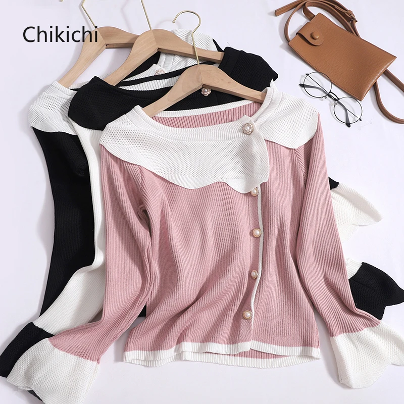Contrasting Color Ruffled Flared Long Sleeve Tops Women's Summer New Doll Collar French Fashion Breasted Knitwear Pullover
Contrasting Color Ruffled Flared Long Sleeve Tops Women's Summer New Doll Collar French Fashion Breasted Knitwear Pullover