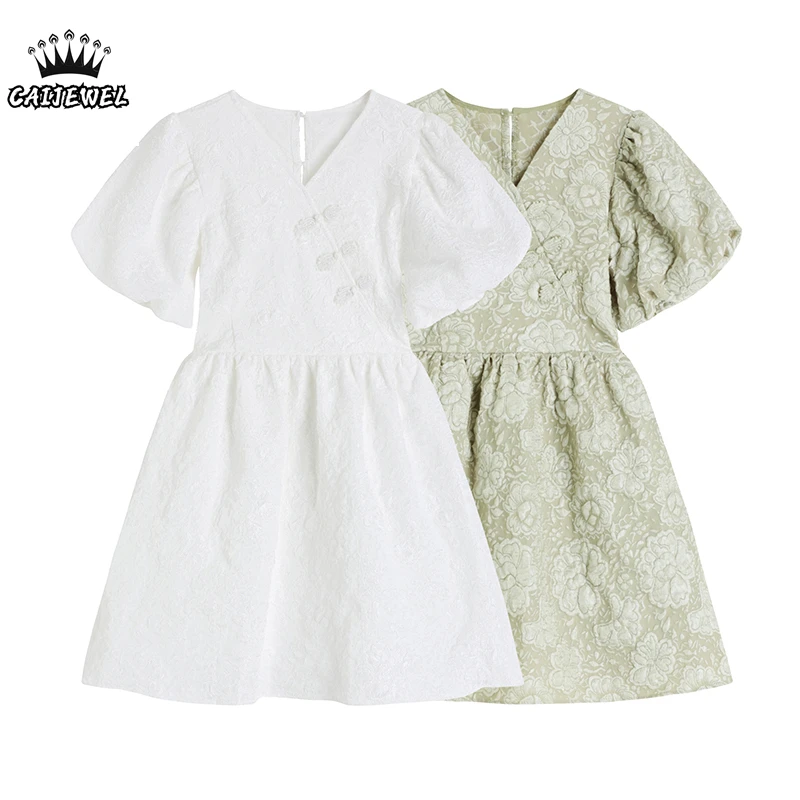 Women's Clothing Dress V Neck Chinese Knot Jacquard Puff Short Sleeve Vintage Casual Fashion Baggy Short Skirt Ladies Summer
Women's Clothing Dress V Neck Chinese Knot Jacquard Puff Short Sleeve Vintage Casual Fashion Baggy Short Skirt Ladies Summer