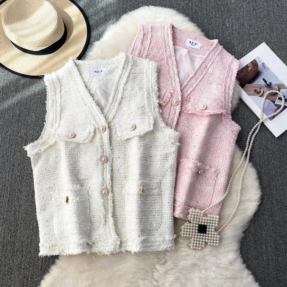 Clothland Women Stylish Tweed Waistcost Sleeveless Pocket Jacket Pink White Cute Casual Outwear Vest Coat Mujer MA93 
Clothland Women Stylish Tweed Waistcost Sleeveless Pocket Jacket Pink White Cute Casual Outwear Vest Coat Mujer MA93