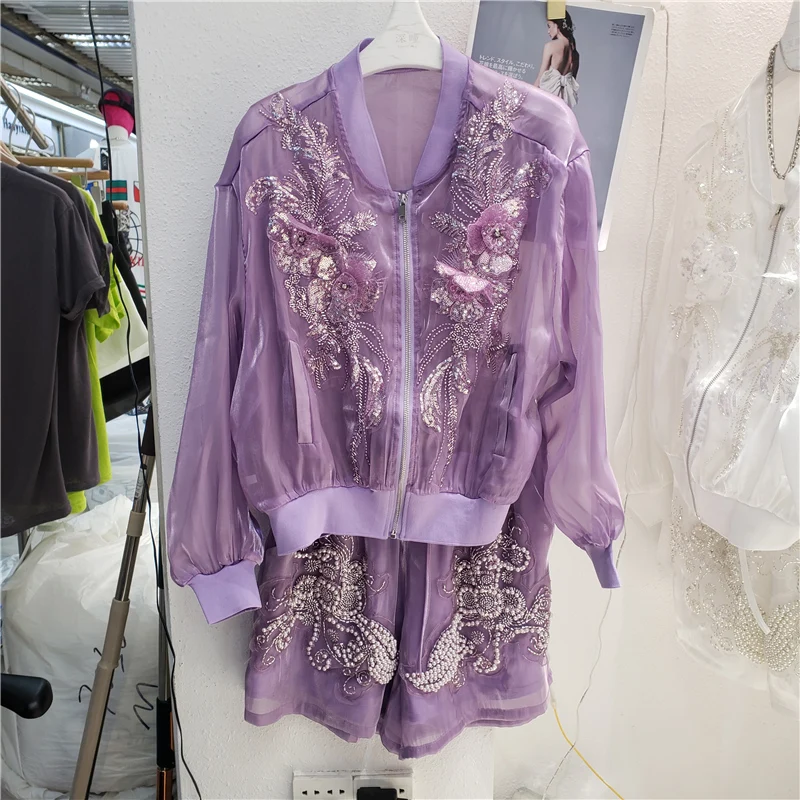 2022 Summer Beaded Sequins Flower Women Organza Sunscreen Suits O-Neck Long Sleeve Wide-Leg Shorts Female Casual Two Piece Sets
2022 Summer Beaded Sequins Flower Women Organza Sunscreen Suits O-Neck Long Sleeve Wide-Leg Shorts Female Casual Two Piece Sets