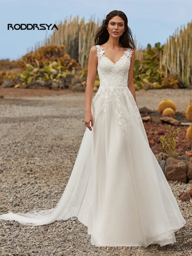 

Bohemian Simple A Line Wedding Dresses 2022 V Neck Sleeveless Lace Applique Sweep Train For Women Weeding Gowns Sashes Custom