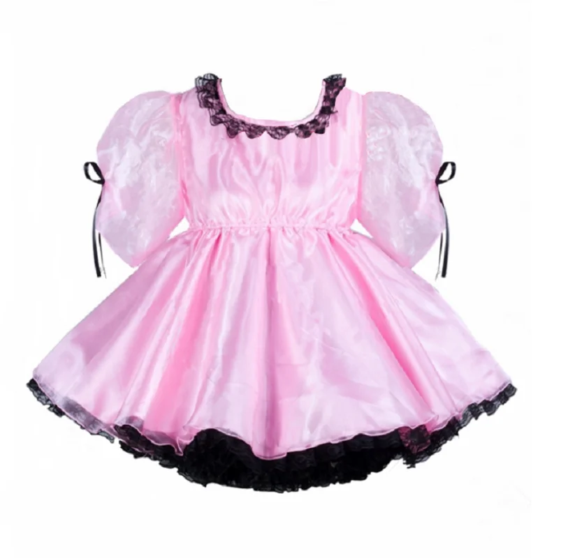 

Hot Selling Adult Sexy Cross Dressing Sissy Girl Baby Pink Satin Gothic Dress Lockable Uniform Role Play Costume Customization