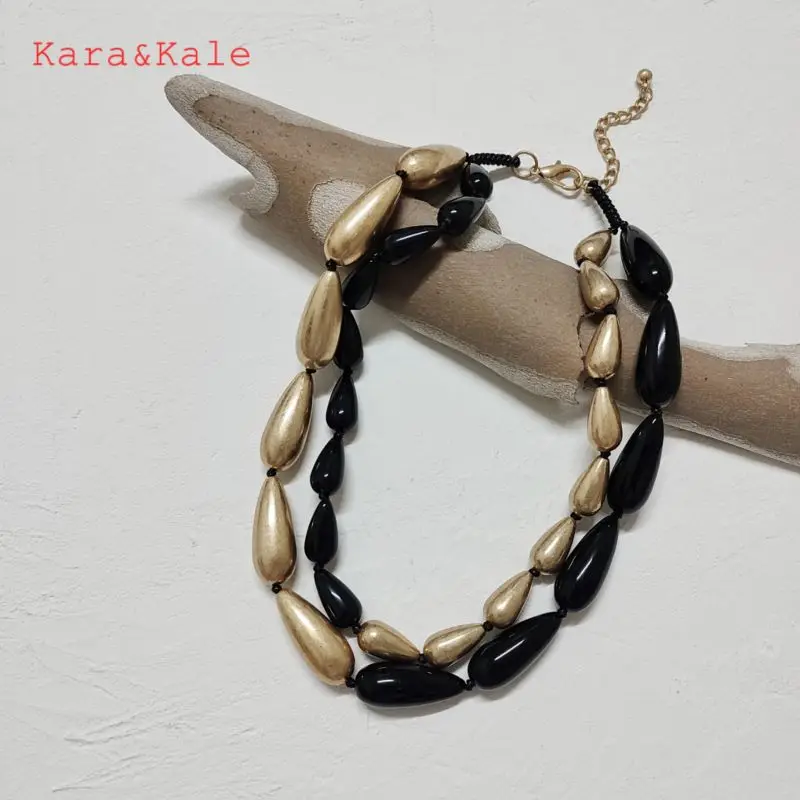 

Kara&Kale Layered Necklace Short Gold Necklace Black Acrylic Beads Drop Shape Women's Jewelry Handmade Jewelry Ethnic Style