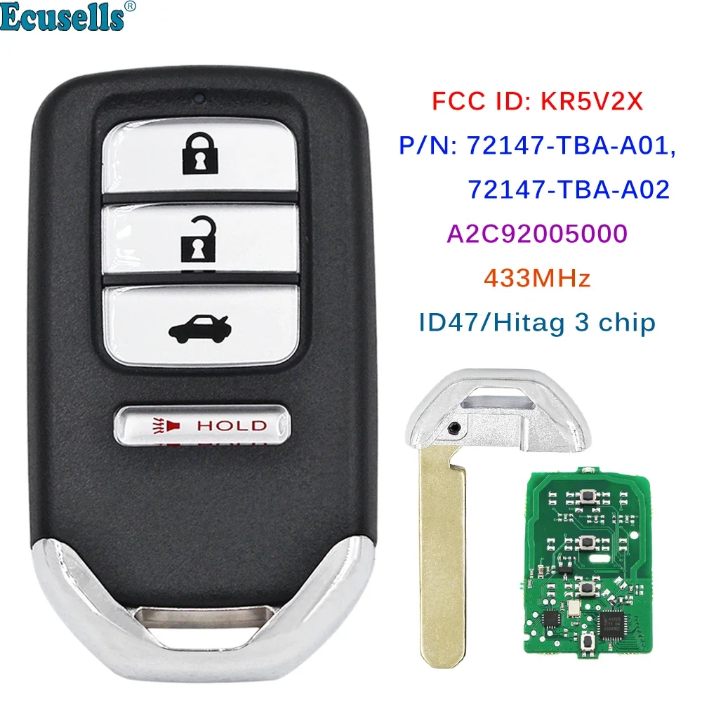 Smart Remote Car Key 4 Buttons 433MHz ID47 Chip for Honda Civic 2016-2020 FCC: KR5V2X A2C92005000 72147-TBA-A01 72147-TBA-A02
Smart Remote Car Key 4 Buttons 433MHz ID47 Chip for Honda Civic 2016-2020 FCC: KR5V2X A2C92005000 72147-TBA-A01 72147-TBA-A02