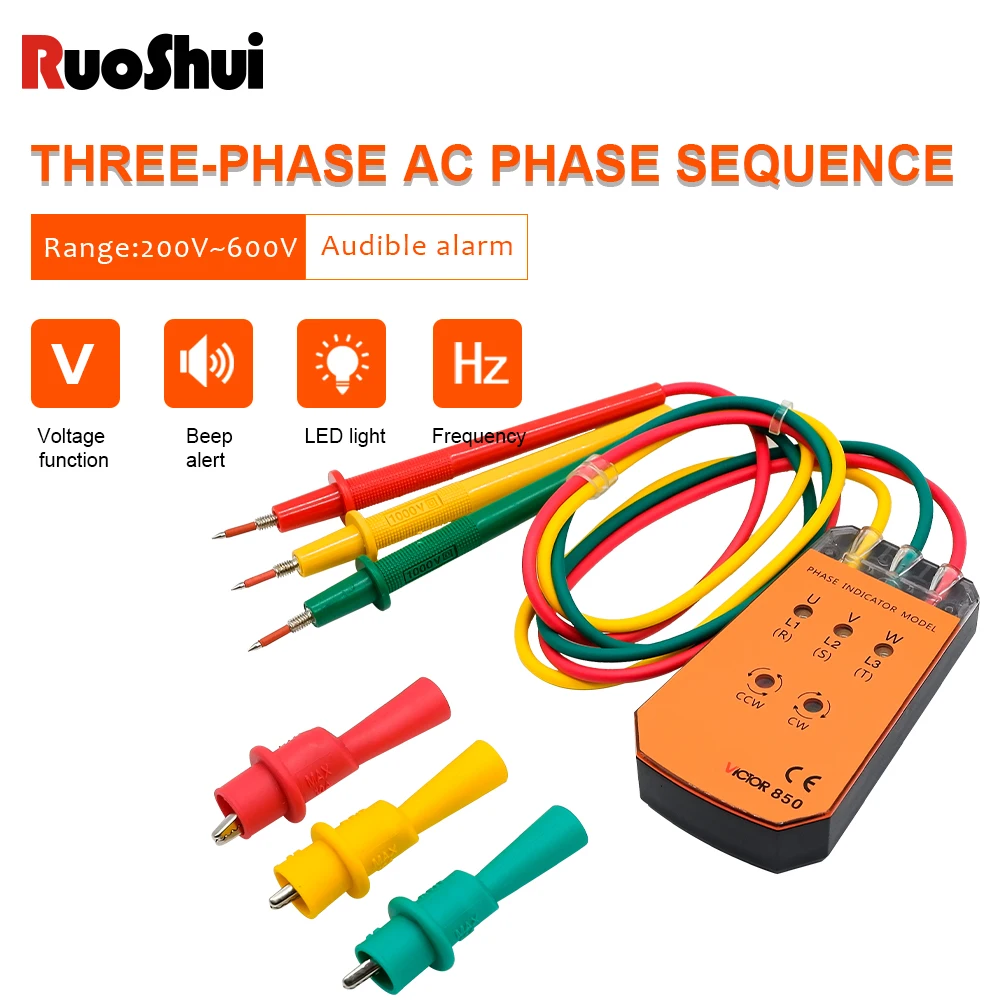 VICTOR 850A Three Phase Indicator Cable Tracker Rotation Phase Sequence Tester With LED Light Indicator 200V- 600V Voltage Meter
VICTOR 850A Three Phase Indicator Cable Tracker Rotation Phase Sequence Tester With LED Light Indicator 200V- 600V Voltage Meter