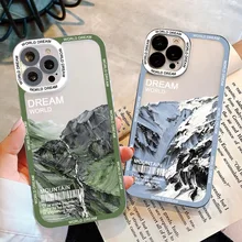 Aesthetic Brush Strokes Snow Mountain Transparent Phone Case For iPhone X XR XS 7 8 Plus SE2 14 13 12 11 Pro Max Luxury Cover