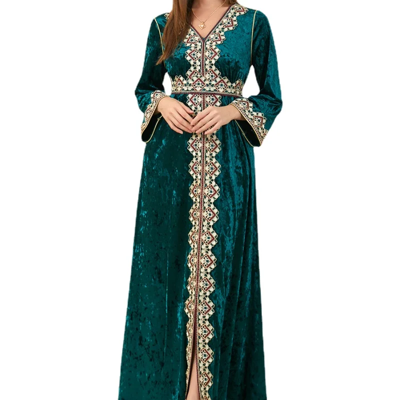 

Fashion Solid Muslim Dress Women Plants Embroidery Casual Velvet Abaya Marocain Turkish Robe Femme Long Sleeve Maxi Vestidos
