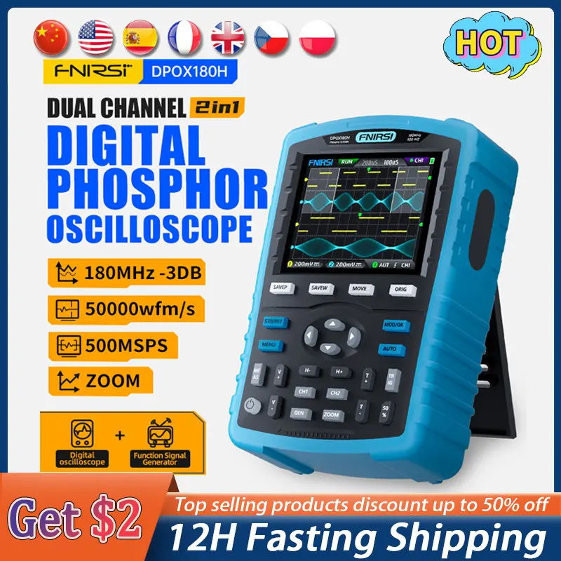 FNIRSI DPOX180H Handheld Digital Oscilloscope 180MHz -3DB 50000wfms/s Dual Channel 20Mhz Signal Generator ZOOM FFT Osciloscópio
FNIRSI DPOX180H Handheld Digital Oscilloscope 180MHz -3DB 50000wfms/s Dual Channel 20Mhz Signal Generator ZOOM FFT Osciloscópio