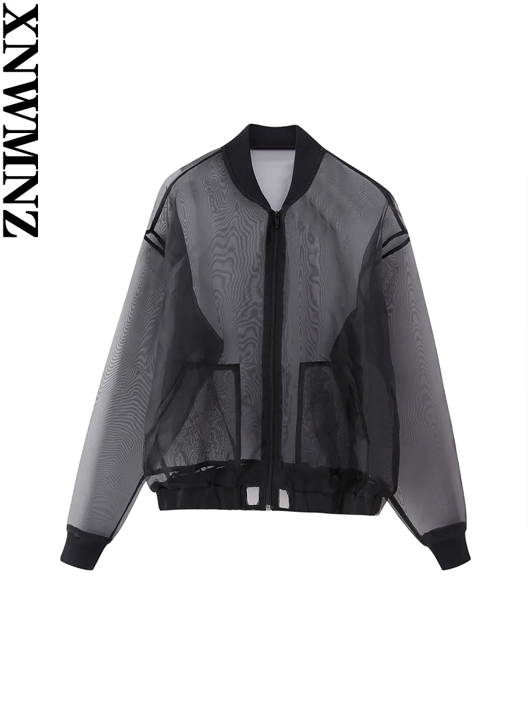 

XNWMNZ Women Fashion New Organza Bomber Jacket High Street O Neck Long Sleeve Zipper Semi-sheer Female Chic Outerwear