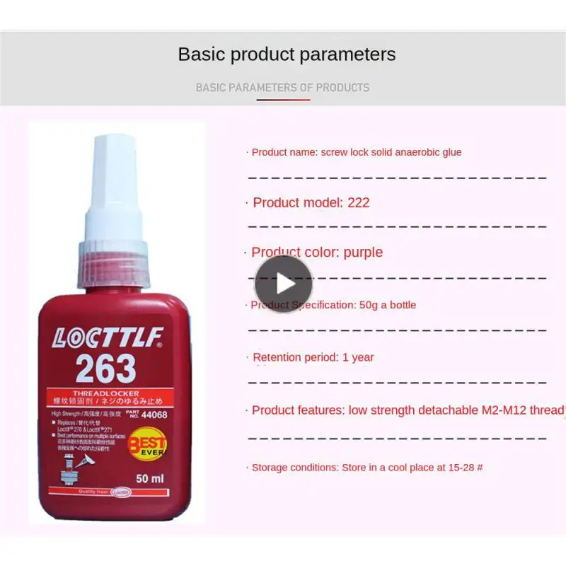 50ml Screw Glue Threaded Nuts Metal Thread Seal Lock Glue Anti-corrosion Threadlocker Accessories Tools 263 Locking Adhesive
50ml Screw Glue Threaded Nuts Metal Thread Seal Lock Glue Anti-corrosion Threadlocker Accessories Tools 263 Locking Adhesive