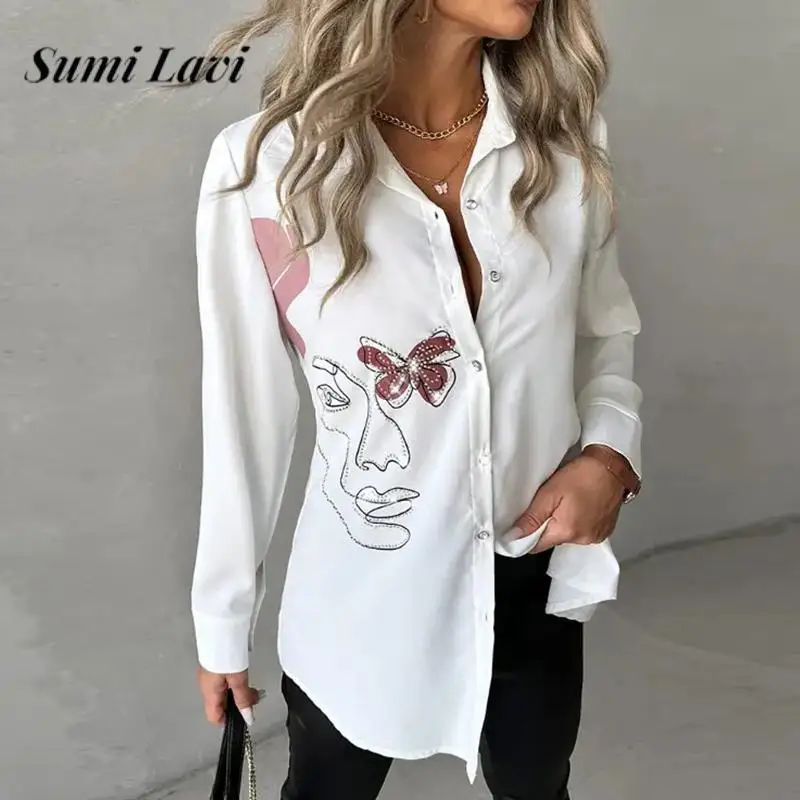 Elegant Face Print Loose White Office Tops for Female New Lapel Full Sleeve Single Breasted Blouse Women Fashion Diamonds Shirts
Elegant Face Print Loose White Office Tops for Female New Lapel Full Sleeve Single Breasted Blouse Women Fashion Diamonds Shirts