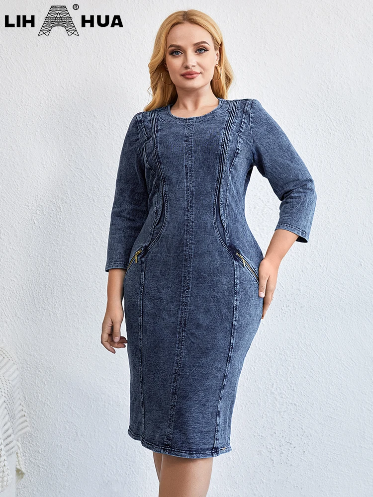 LIH HUA Women's Plus Size Denim Dress Round Neck Autumn Chic Elegant Dresses For Chubby Women Cotton Knitted Dress
LIH HUA Women's Plus Size Denim Dress Round Neck Autumn Chic Elegant Dresses For Chubby Women Cotton Knitted Dress