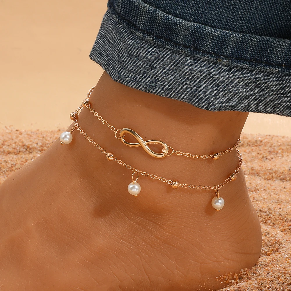 

SUMENG Retro Pearl Heart Infinity Double-Deck Anklet Bracelet Set For Women Fashion Bohemia Foot Beach Anklets Chain Jewelry