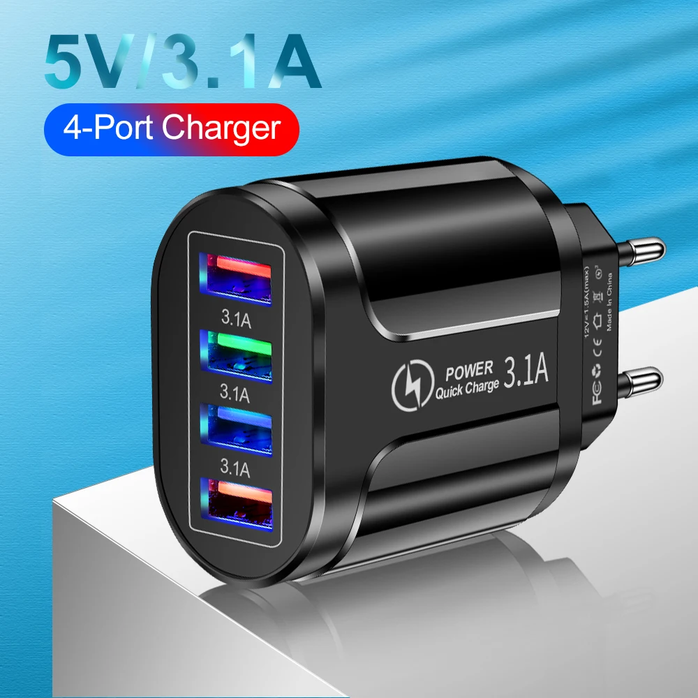 

3.1A 4 Ports Quick Charge USB Travel Charge Adapter For iPhone 11 12 13 14 Pro Max Xiaomi Samsung EU/US/UK Power Charger Plug