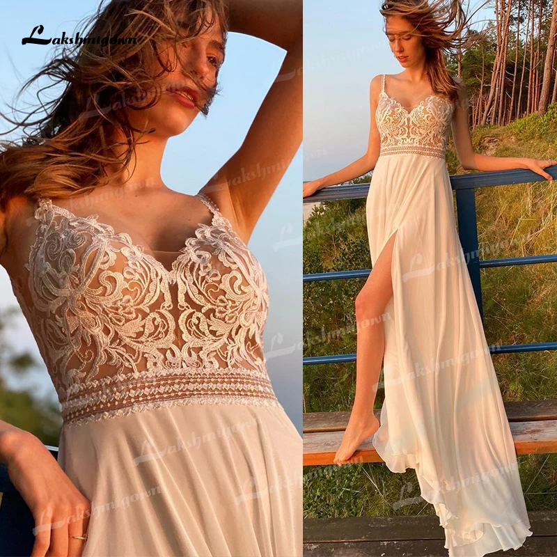 A Line Boho Wedding Dress V Neck Lace Appliques Chiffon Split Side Backless Beach Spaghetti Straps Bridal Gown vestido de noiva
A Line Boho Wedding Dress V Neck Lace Appliques Chiffon Split Side Backless Beach Spaghetti Straps Bridal Gown vestido de noiva