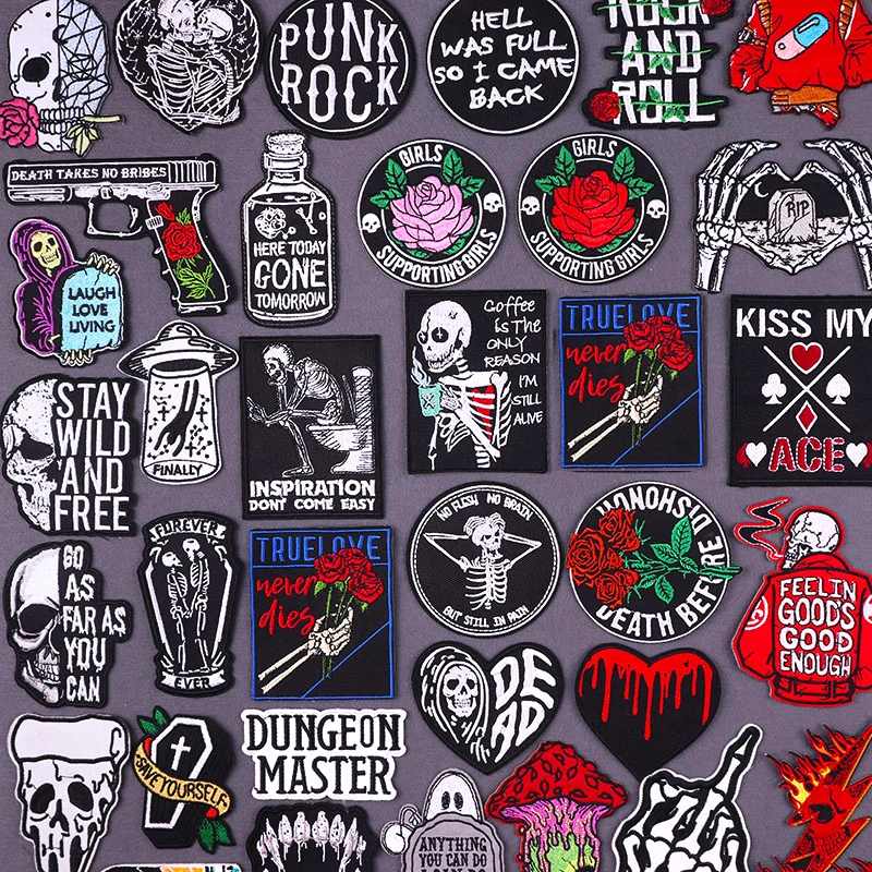 

Punk Skull Patch Iron On Patches On Clothes Hippie Skeleton Embroidered Patches For Clothing Stickers DIY Hook Loop Patch Badges