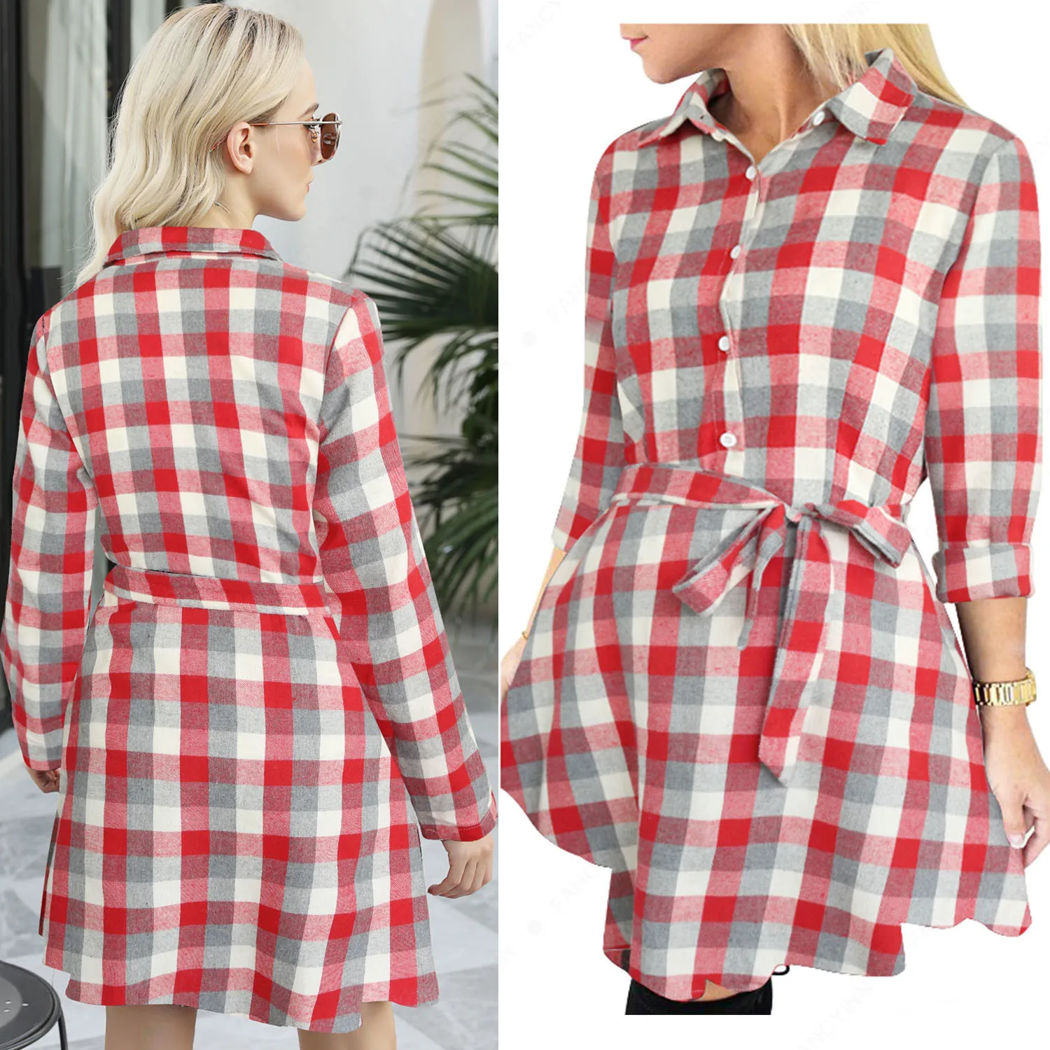 Women's Three Quarter Sleeves Shirt Plaid Skirt Tie Bow Mid Polo Dress High Waist Casual with Belt Temperament Shirt Dress 
Women's Three Quarter Sleeves Shirt Plaid Skirt Tie Bow Mid Polo Dress High Waist Casual with Belt Temperament Shirt Dress
