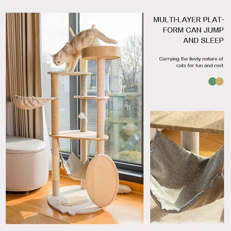 

Multi-Level Ceiling Cat Tree Shelves Wood Climbing Frame Scratching Board Post Sisal Pillar Grinding Paws Jumping Platform