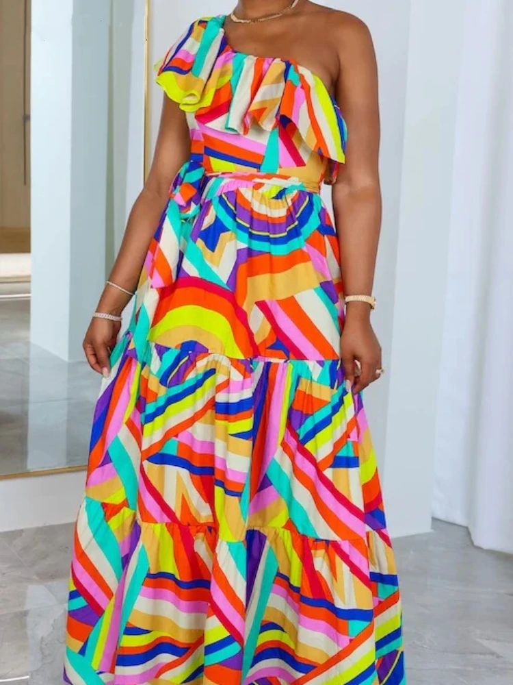 Модное Длинное Платье Zoctuo с оборками, женское разноцветное платье в полоску на одно плечо, с широкой юбкой, новинка 2023, сексуальное женское платье с открытой спиной 
Модное Длинное Платье Zoctuo с оборками, женское разноцветное платье в полоску на одно плечо, с широкой юбкой, новинка 2023, сексуальное женское платье с открытой спиной