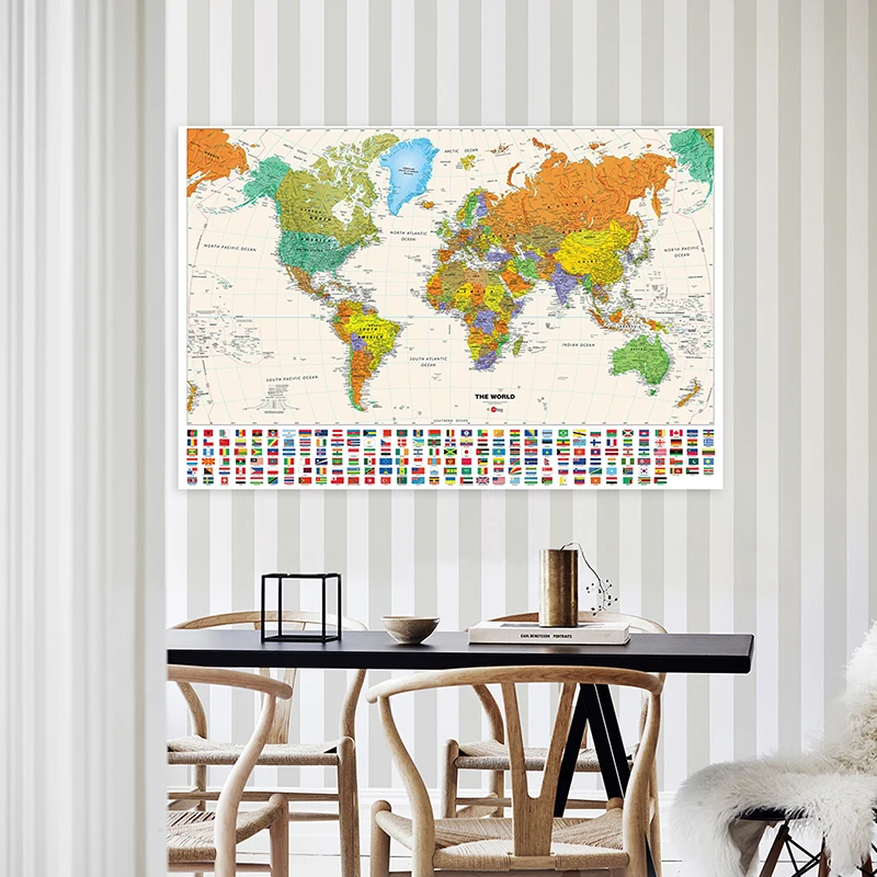 

100*70cm The World Map with National Flags Non-woven Fabric Painting Wall Art Poster and Prints Home Decoration Study Supplies