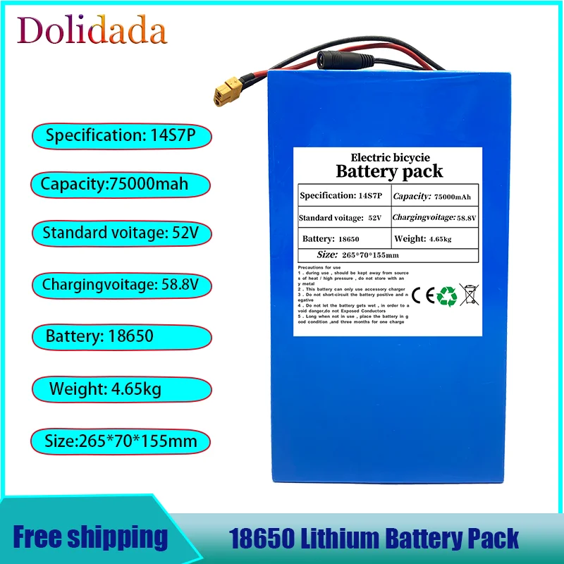 52V 14S7P 75000mAh 18650 2000W lithium battery for balance car, electric bicycle, scooter, tricycle
52V 14S7P 75000mAh 18650 2000W lithium battery for balance car, electric bicycle, scooter, tricycle