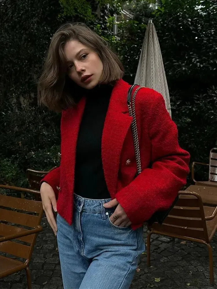 

Red Blazer Jacket Coats Women 2023 Autumn New Solid Turndown Collar Button Covered Outwear Female Fashion Casual Short Coat Lady