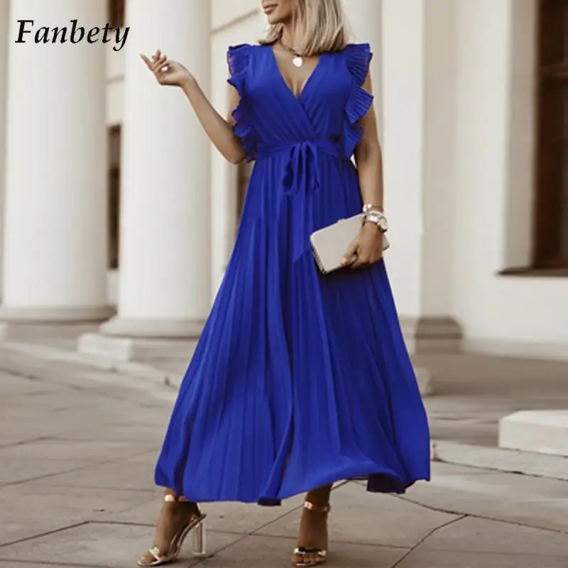 Women Elegant Butterfly Sleeveless Chiffon Long Dress 2022 Spring Sexy V Neck Party Dress Summer Lady Casual Solid Lace-Up Dress 
Women Elegant Butterfly Sleeveless Chiffon Long Dress 2022 Spring Sexy V Neck Party Dress Summer Lady Casual Solid Lace-Up Dress