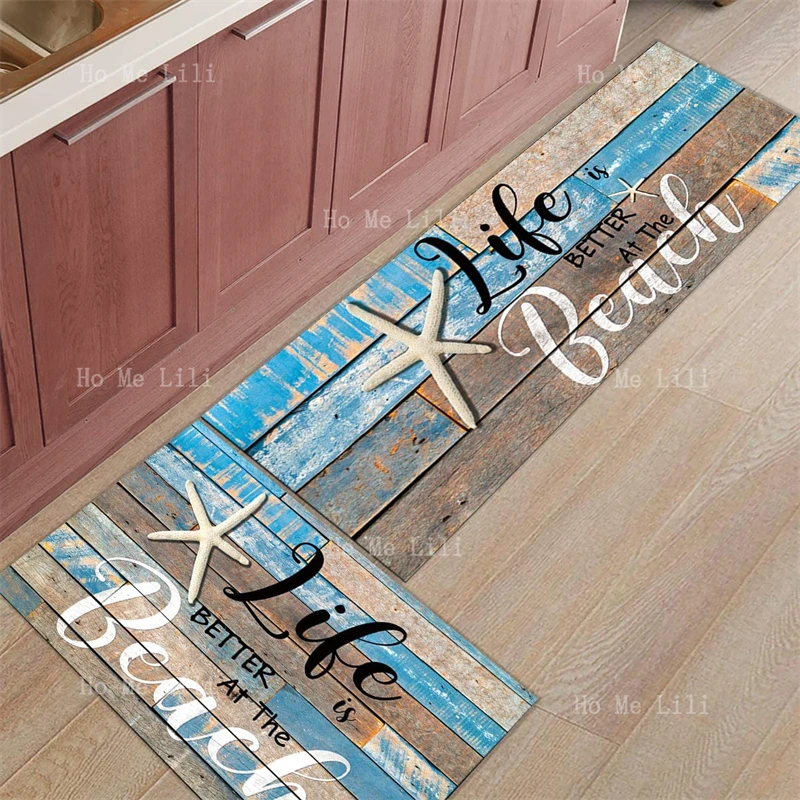 

Anti Fatigue Flannel Kitchen Rugs Set Of Cushioned Non Slip Carpet Life Is Better At The Beach Starfish On Wooden Plank