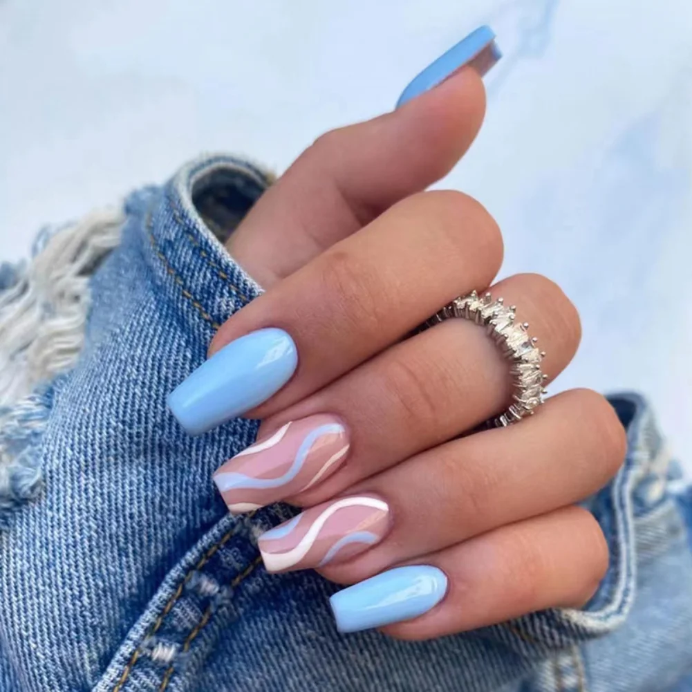 Wearing Full Cover Fake Nails Medium Long Ballet Press On Nails Art Blue White Corrugated Artificial Acrylic Coffin False Nails
Wearing Full Cover Fake Nails Medium Long Ballet Press On Nails Art Blue White Corrugated Artificial Acrylic Coffin False Nails