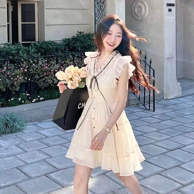 

Women V-Neck Flying Sleeve Elegance Korean Splice Lace-up Ruffle A-line Mini Students Dresses Summer Sweet New Vestido