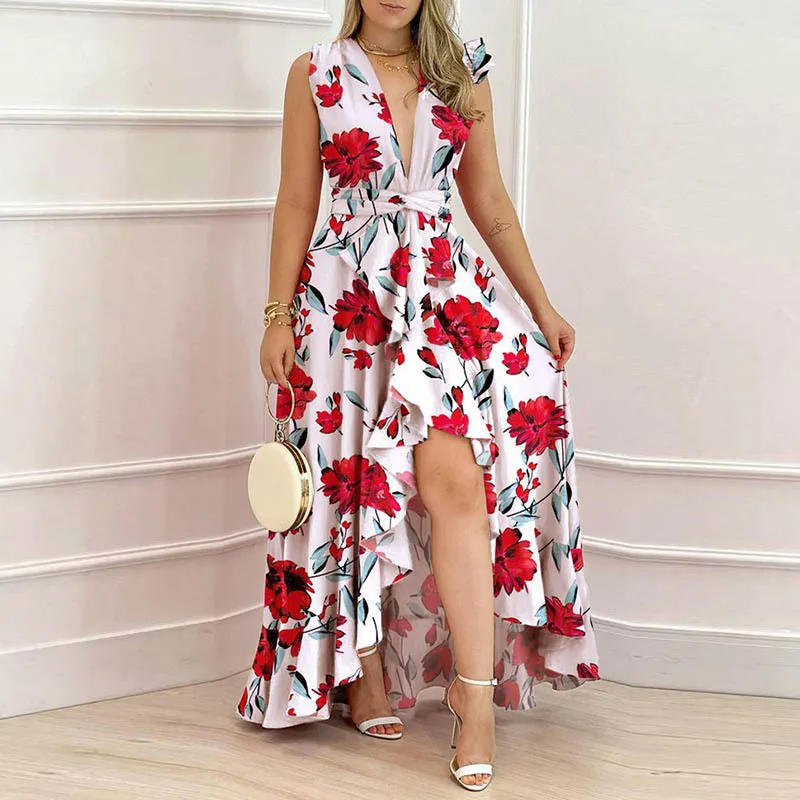 Women Dress Spring And Summer V-neck Sleeveless Flower Print Long Loose Lace-up High Waist Ruffled Split Sexy Sling Dress 
Women Dress Spring And Summer V-neck Sleeveless Flower Print Long Loose Lace-up High Waist Ruffled Split Sexy Sling Dress
