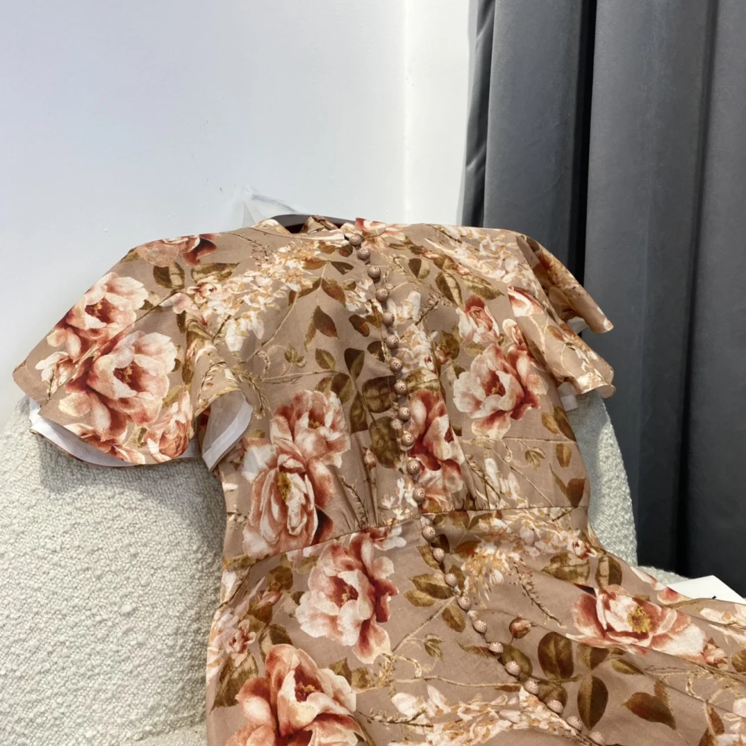 Woman 2022 Spring New Vintage 100% Linen Pink Floral Printing O-Neck Ruffles Sleeve Front Buttons Through Dress
Woman 2022 Spring New Vintage 100% Linen Pink Floral Printing O-Neck Ruffles Sleeve Front Buttons Through Dress