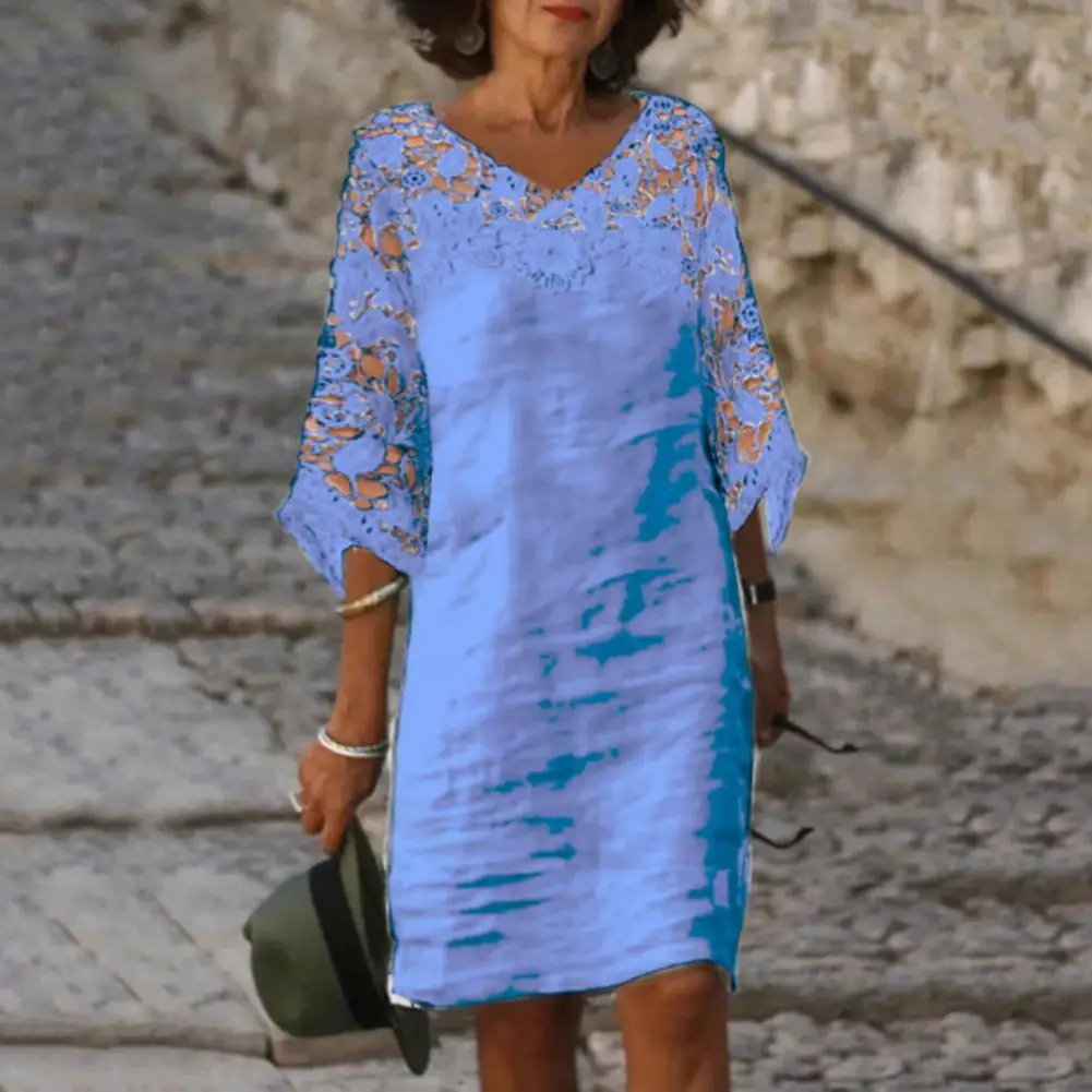 Women Retro Solid Color Dress V-neck 3/4 Sleeve Hollow Lace Stitching Beach Dress Thin Loose Fit Short Dress Lady Clothing
Women Retro Solid Color Dress V-neck 3/4 Sleeve Hollow Lace Stitching Beach Dress Thin Loose Fit Short Dress Lady Clothing