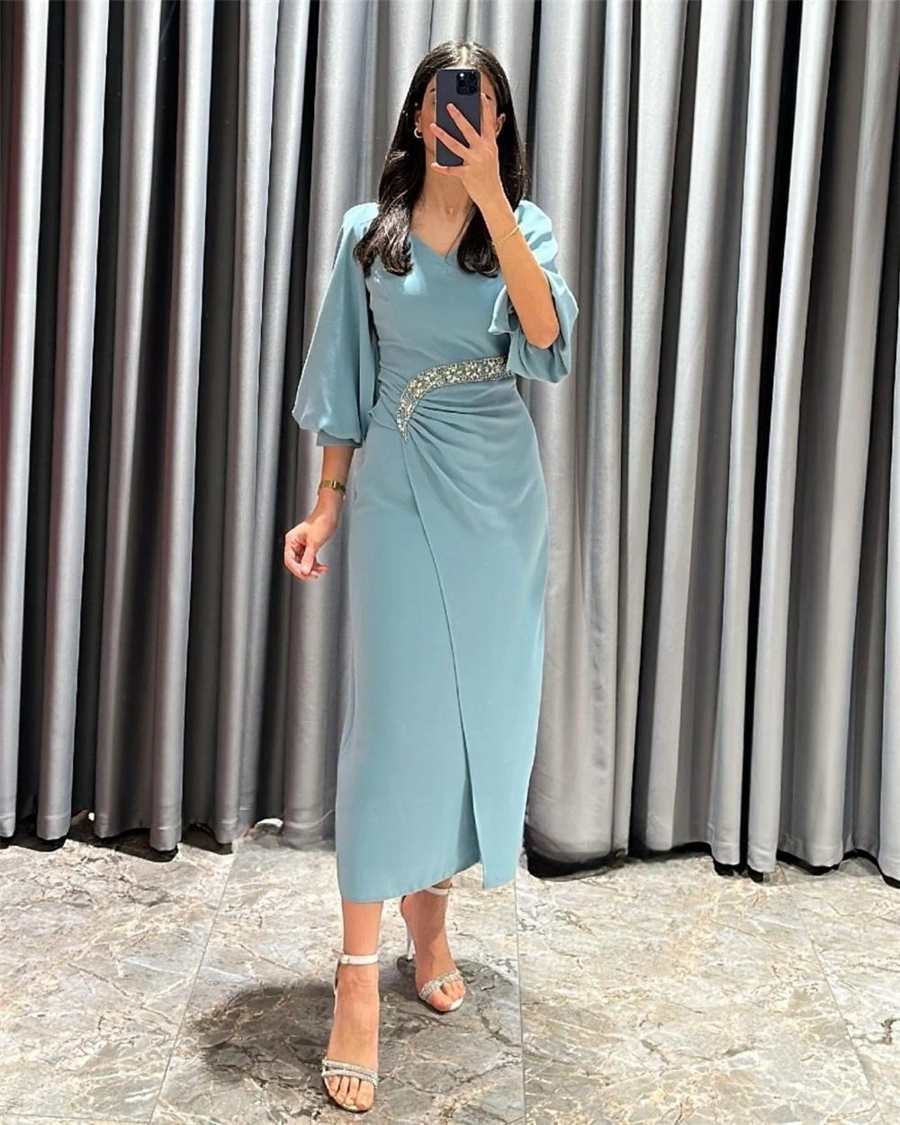 Simple Midi Cocktail Dress Puff Half Sleeves Beaded Crystals Formal Occasion Women's Prom Dress Evening Party Gowns
Simple Midi Cocktail Dress Puff Half Sleeves Beaded Crystals Formal Occasion Women's Prom Dress Evening Party Gowns