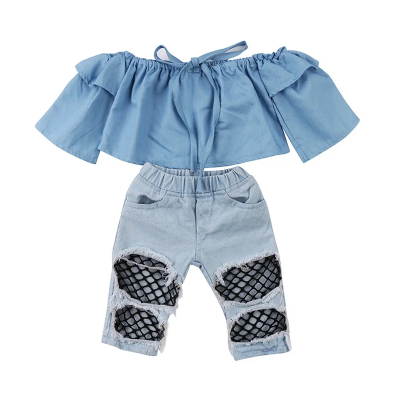 

Toddler Kids Baby Girls Off Shoulder Tops Denim Pants Hole Jeans Outfits Clothes Summer Fashion Csual Kids Clothes Set