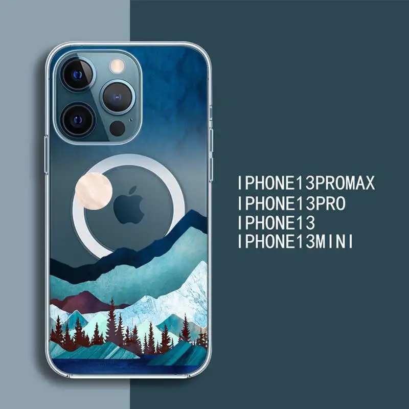 

Простой чехол для телефона с изображением солнца, луны, гор, Пейзажа для iPhone 13, 12 Mini Pro Max, Прозрачный Супер Магнитный чехол MagSafe