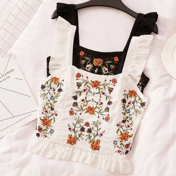 Flower Embroidery Women Camis 2022 Sexy Sleeveless Ruffles Slim Crop Top Summer Fashion Ladies Blouse
Flower Embroidery Women Camis 2022 Sexy Sleeveless Ruffles Slim Crop Top Summer Fashion Ladies Blouse