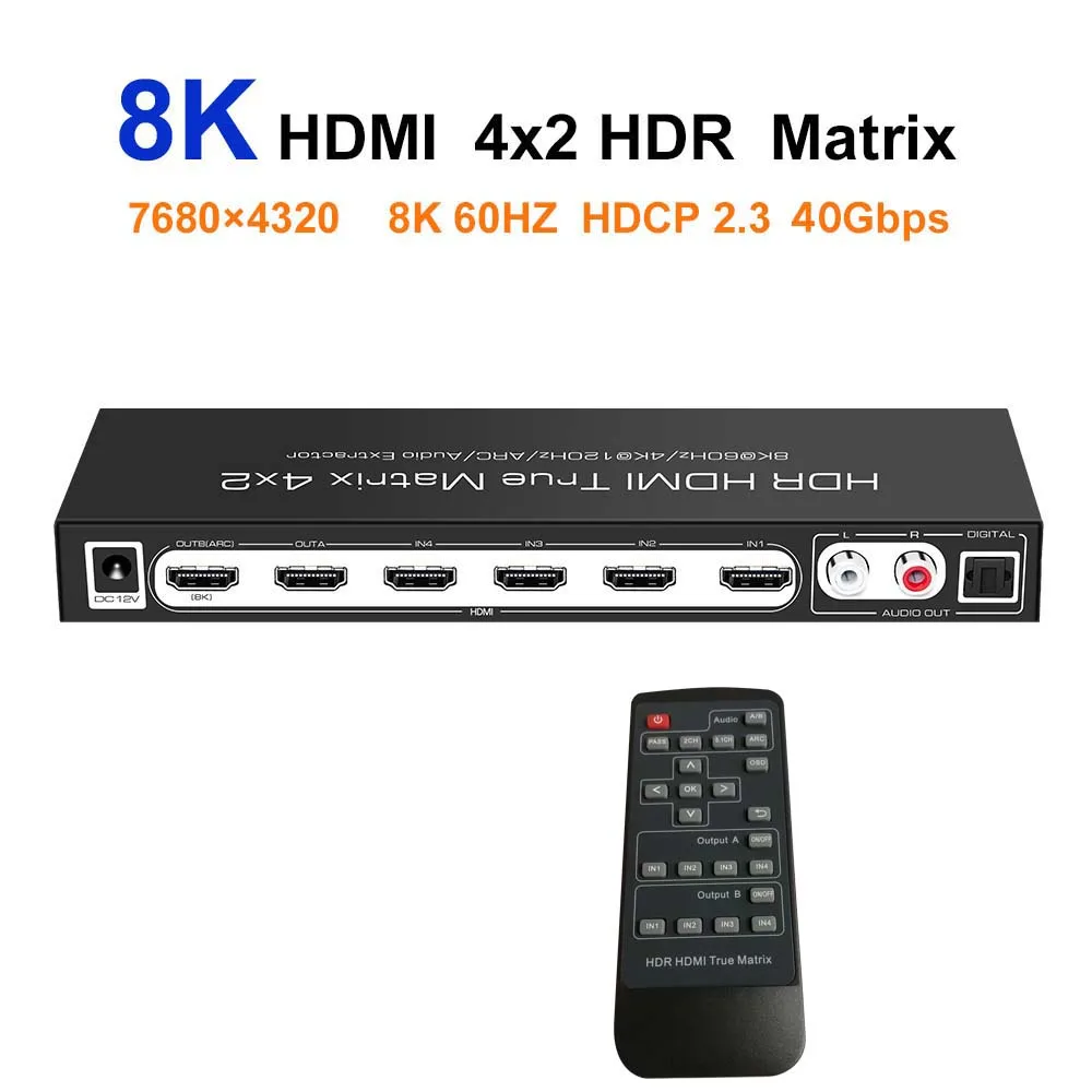 

8K HDMI Matrix 4x2 Switch HDMI Splitter 4 In 2 Out HDMI2.1 4K120Hz ARC HDR10+ VRR ALLM Dolby Vision OSD SPDIF 5.1 LR 2CH for PS5