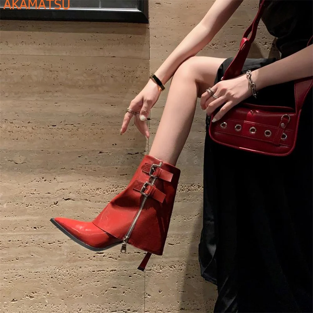 Pointed Toe Belt Buckle Women Boots Metal Zipper Stiletto Heels Genuine Leather Fashion Modern Short Boots Red Black Women Shoes
Pointed Toe Belt Buckle Women Boots Metal Zipper Stiletto Heels Genuine Leather Fashion Modern Short Boots Red Black Women Shoes