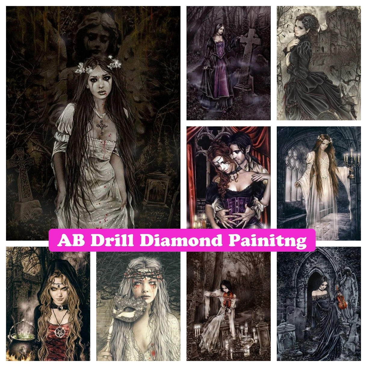 

Victoria Frances Vampires 5D DIY AB Drill Diamond Painting Cross Stitch Embroidery Gothic Witch Art Mosaic Rhinestone Home Decor