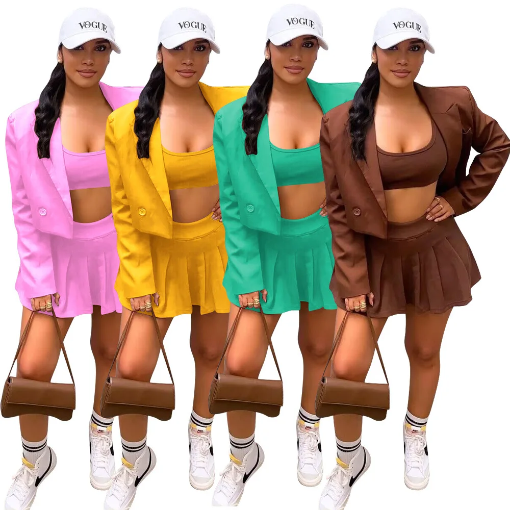 Casaul Women Skirt 3 Piece Set Jacket Coat + Strapless + Mini Dress Solid Color Sportsuit Matching Set Outfit 
Casaul Women Skirt 3 Piece Set Jacket Coat + Strapless + Mini Dress Solid Color Sportsuit Matching Set Outfit
