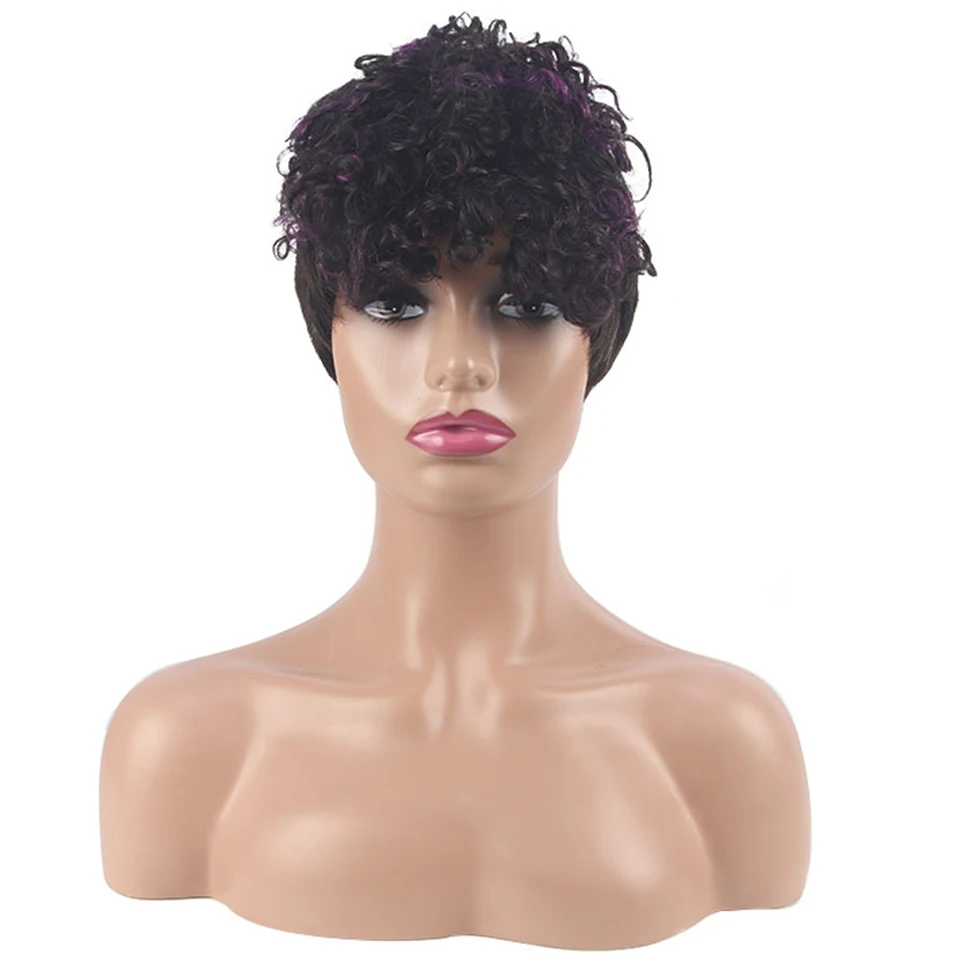 

Straight Kinky Curly Human Hair Wig Black Purple Wavy Bang Wigs for Women Glueless Machine Made Bob Wig Perruque Cheveux Humain