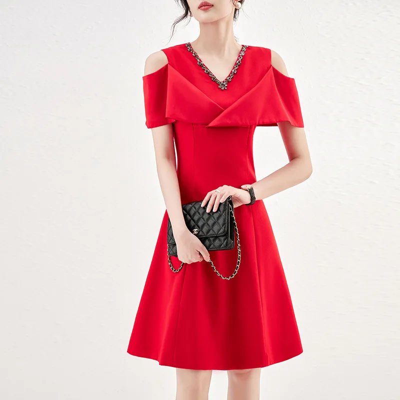 P00145# Women's Summer Dress Light Luxury V-neck European High-end Celebrity Style Crystal Embellished off Shoulder A-line Skirt
P00145# Women's Summer Dress Light Luxury V-neck European High-end Celebrity Style Crystal Embellished off Shoulder A-line Skirt
