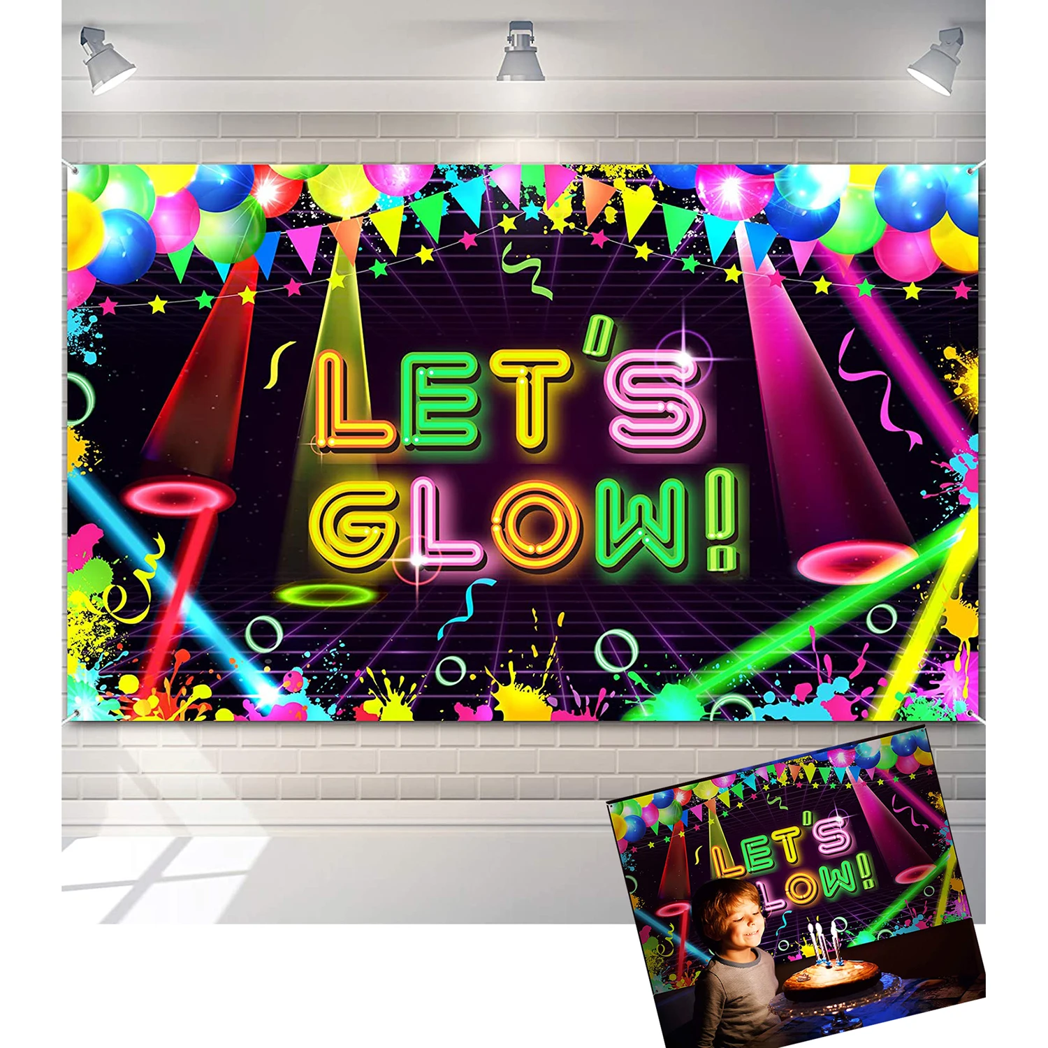 

Neon Let's Glow Glow Crazy Party Backdrop Splatter Neon Theme Happy Birthday Photography Background Dessert Table Banner Photo