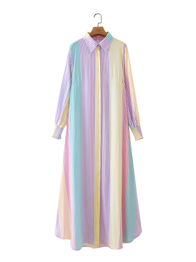 

Женское длинное платье-рубашка в полоску, с воротником с пуговицами спереди