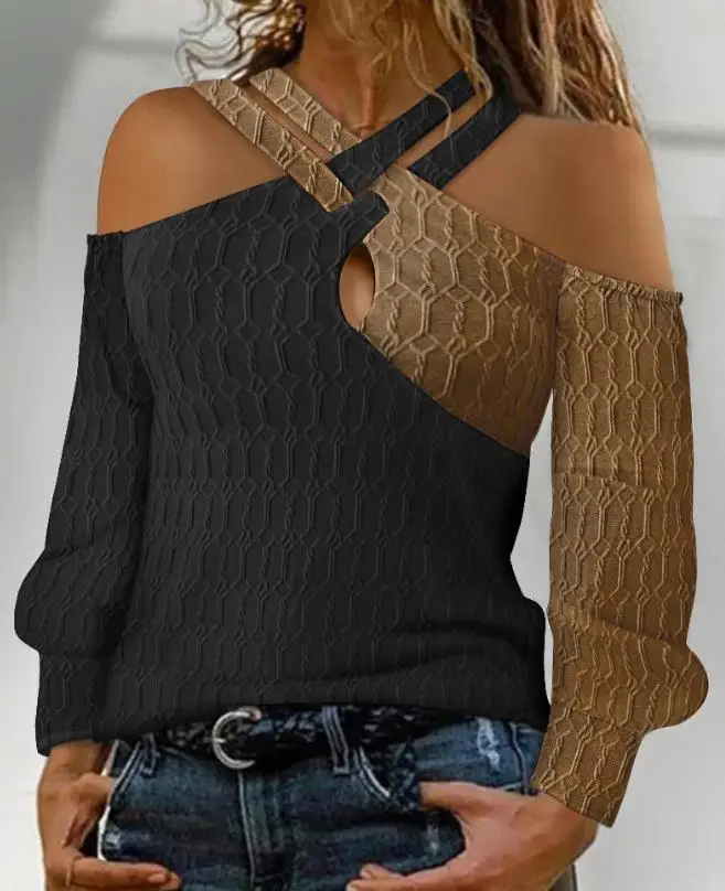 Fashion Woman Blouse 2023 Autumn New Commuter Versatile Hollow Out Colorblock Cold Shoulder Cable Textured Top Basic
Fashion Woman Blouse 2023 Autumn New Commuter Versatile Hollow Out Colorblock Cold Shoulder Cable Textured Top Basic