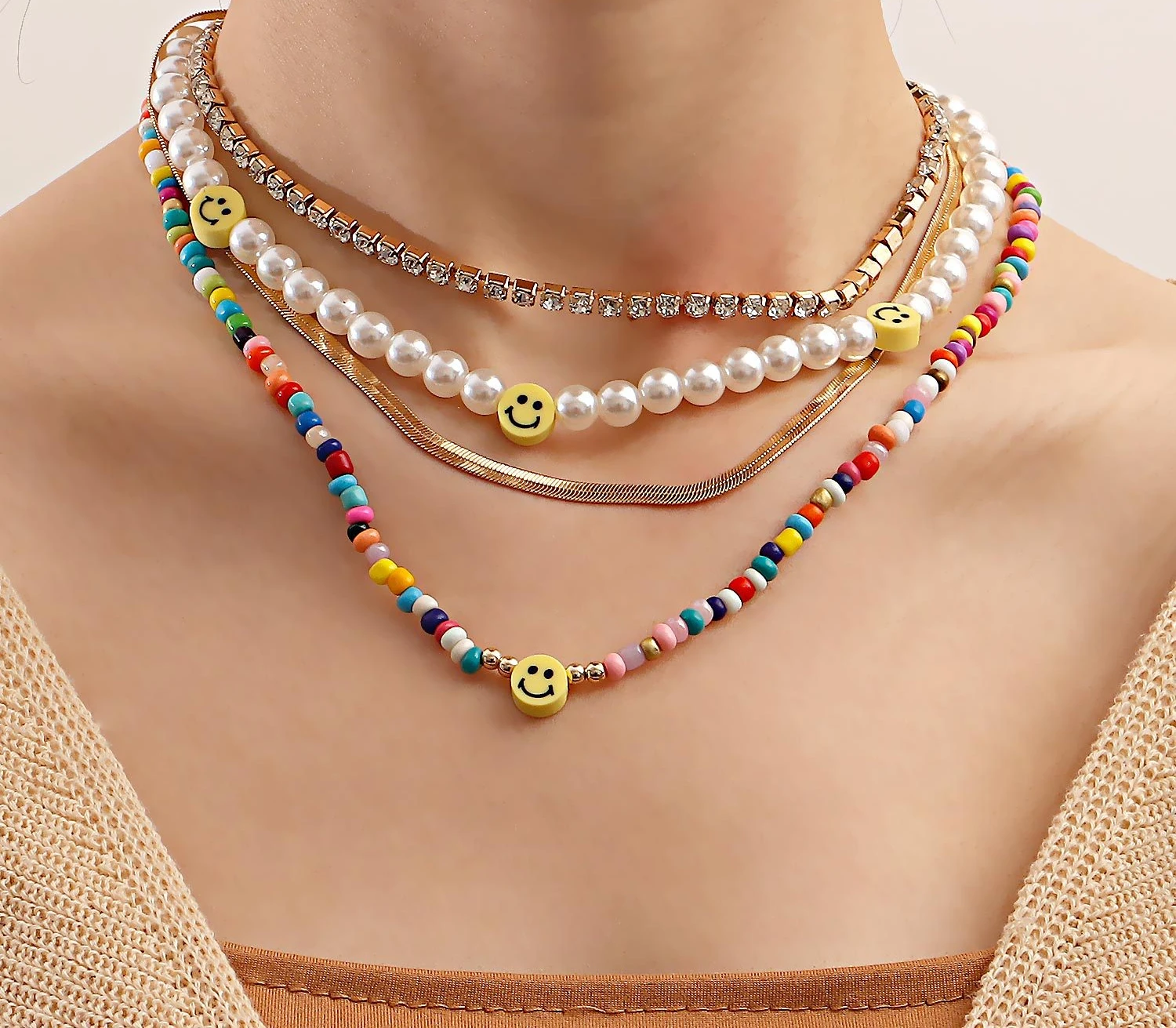 Bohemia Baroque Pearl Colorful Bead Smile Choker Gold Snake Chain Zircon Inlaid Layered Necklaces for Women
Bohemia Baroque Pearl Colorful Bead Smile Choker Gold Snake Chain Zircon Inlaid Layered Necklaces for Women